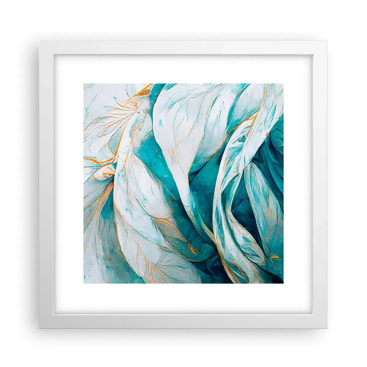 Affisch i vit ram - Blå abstraktion med guldmotiv - 30x30 cm