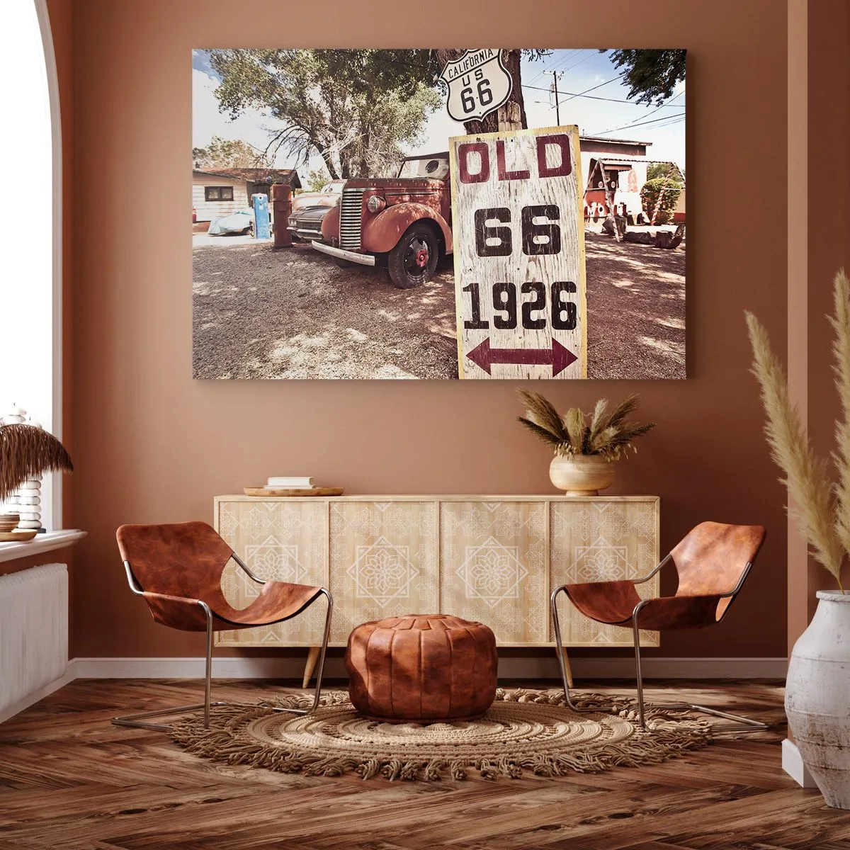Canvastavla - Bild på duk - Retrobil och Route 66-skylt i rustik miljö - 70x50cm - Amerikanska provinsens legend - Modern väggdekoration för vardagsrum och sovrum ARTTOR