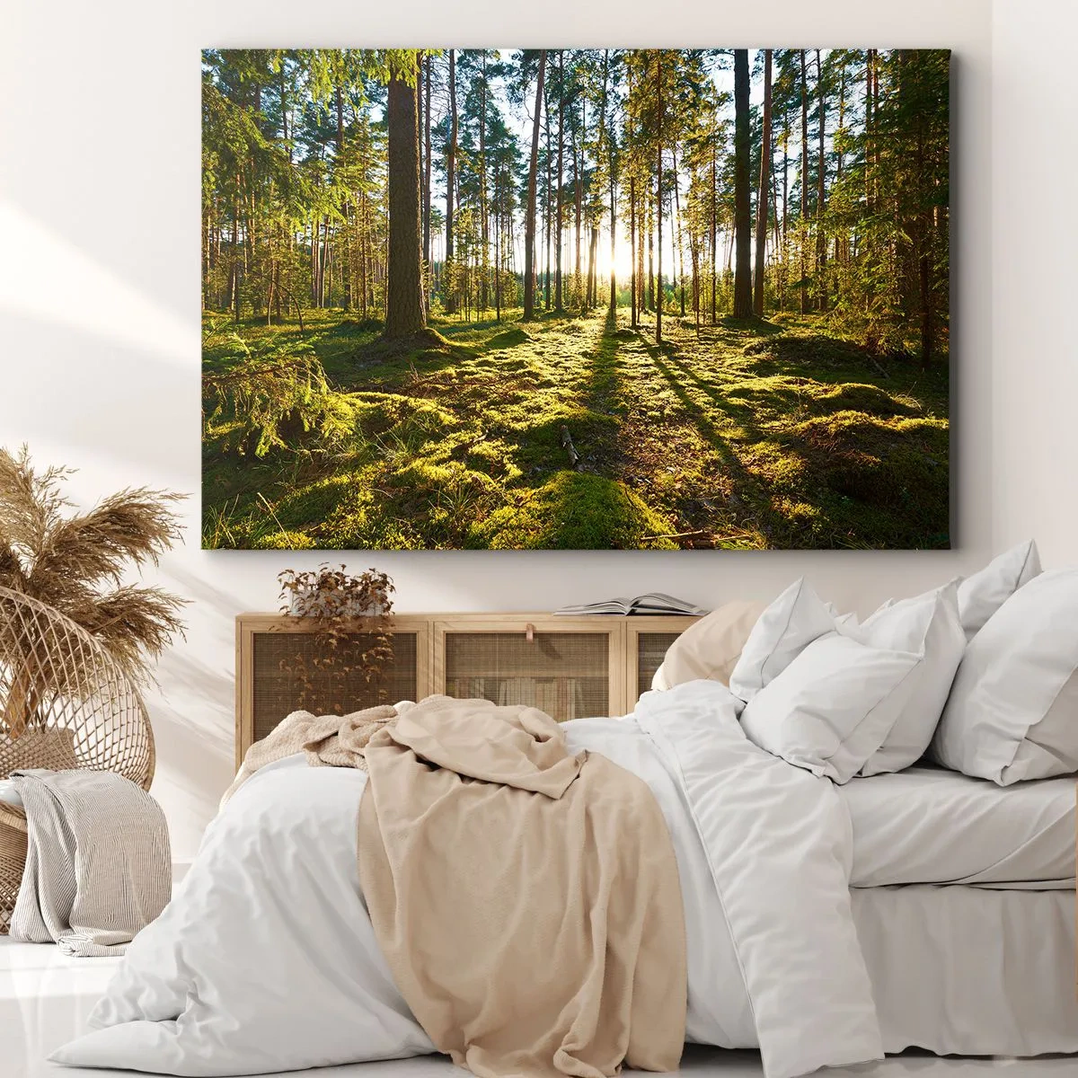 Canvastavla - Bild på duk - Grön skog upplyst av solljus på mossan - 70x50cm - ...Bortom sjunde skogen - Modern väggdekoration för vardagsrum och sovrum ARTTOR