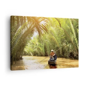 Canvastavla - Bild på duk - En båt på en flod omgiven av tropisk vegetation - 70x50cm - Genom en palmravin - Modern väggdekoration för vardagsrum och sovrum ARTTOR