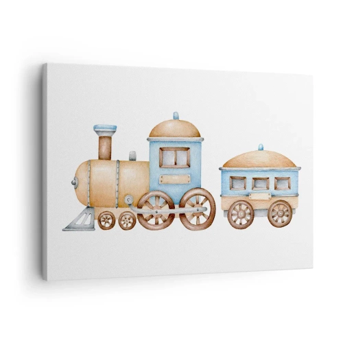 Canvastavla - Bild på duk - Teckning av ett tåg i pastellfärger på vit bakgrund - 70x50cm - Stående vid stationen... - Modern väggdekoration för vardagsrum och sovrum ARTTOR