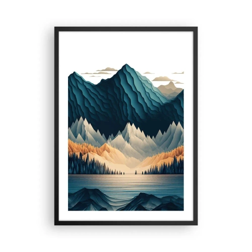 Affisch i svart ram - Stiliserat bergslandskap med en sjö i nyanser av blått - 50x70cm - Perfekt bergslandskap - Modern väggdekoration för vardagsrum och sovrum ARTTOR