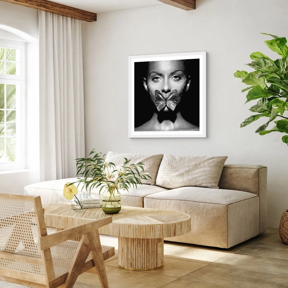 Affisch i vit ram - Fjärilkyss - 40x40 cm