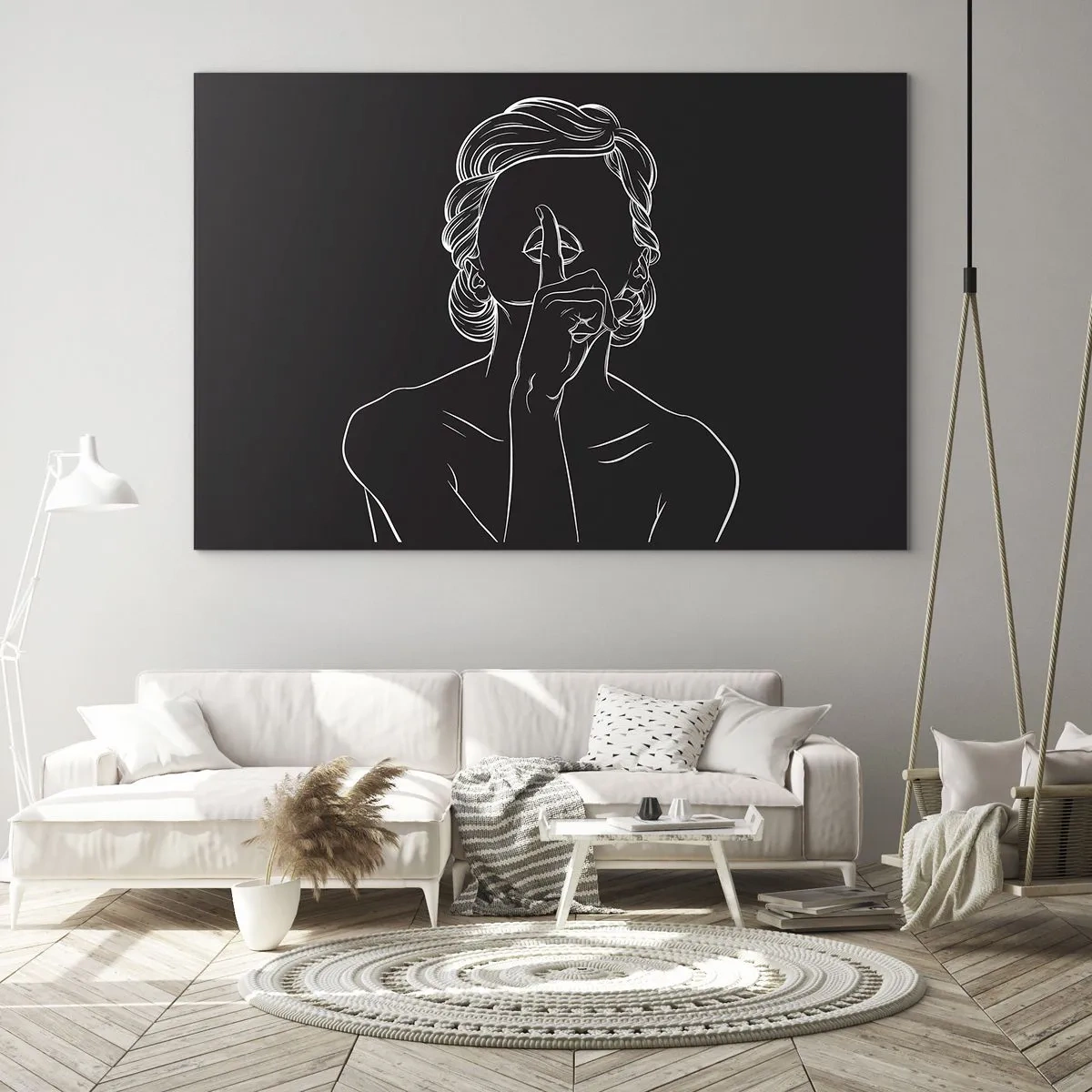 Glastavla - Bild på glas - En minimalistisk silhuett av en kvinna som gör en tystnadsgest. - 70x50cm - Skönhet blommar i tystnad - Modern väggdekoration för vardagsrum och sovrum ARTTOR