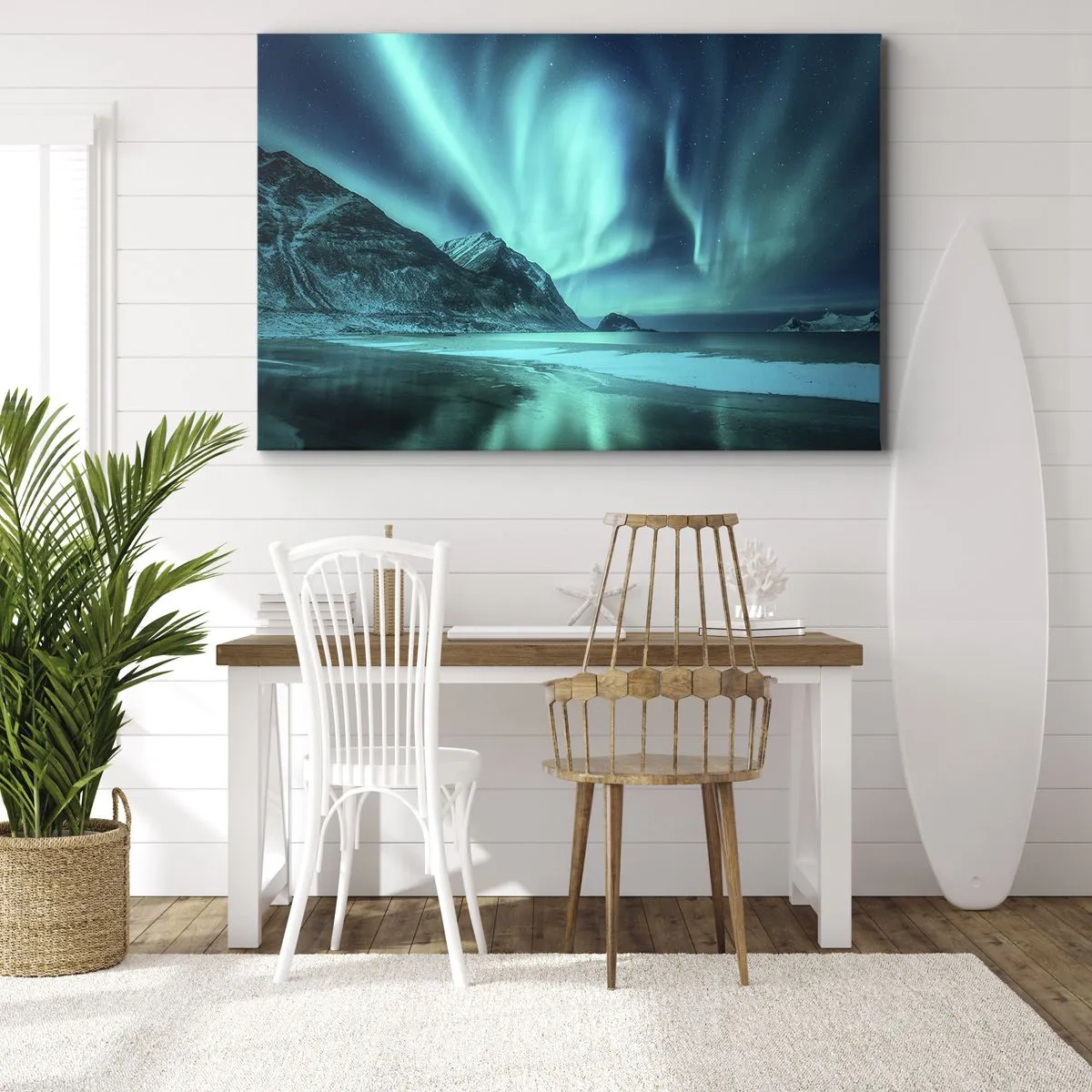Canvastavla - Bild på duk - Norrsken över ett bergigt vinterlandskap - 70x50cm - Nordens underverk - Modern väggdekoration för vardagsrum och sovrum ARTTOR