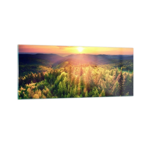 Glastavla - Bild på glas - Trädtoppar och bergstoppar - 100x40 cm