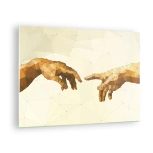 Glastavla - Bild på glas - En stiliserad version av målningen 'Adams skapelse' i polygonteknik - 70x50cm - Gudomlig geometri - Modern väggdekoration för vardagsrum och sovrum ARTTOR