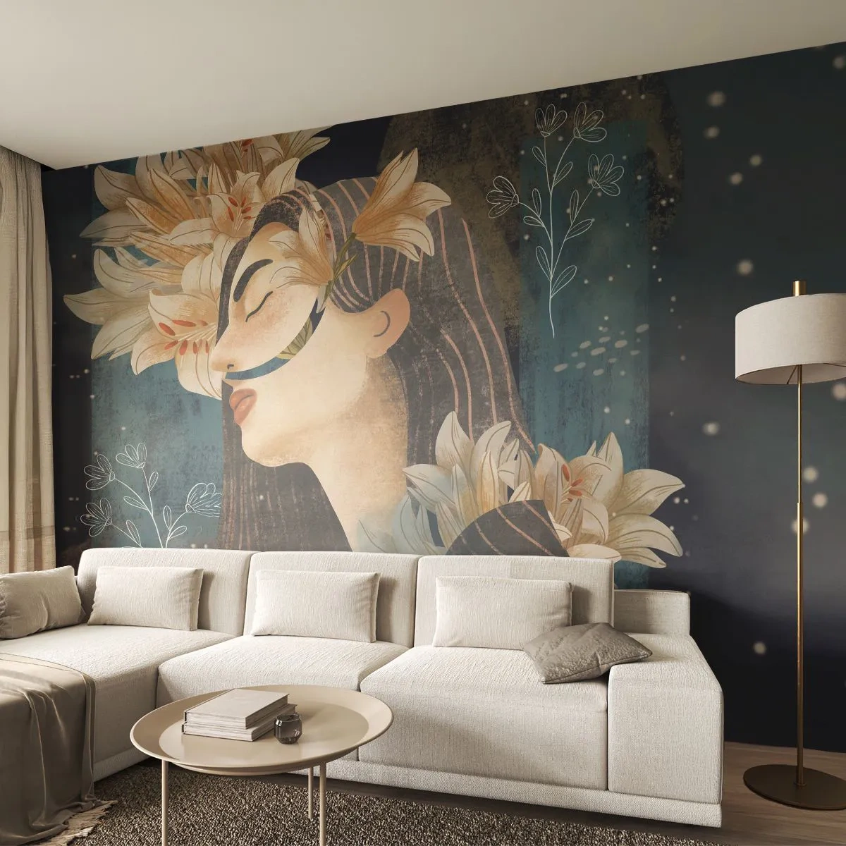 Fototapet Premium Sand - Sagan om drottning med liljor - Abstraktion, Kvinna, Blommor - 450x315 cm