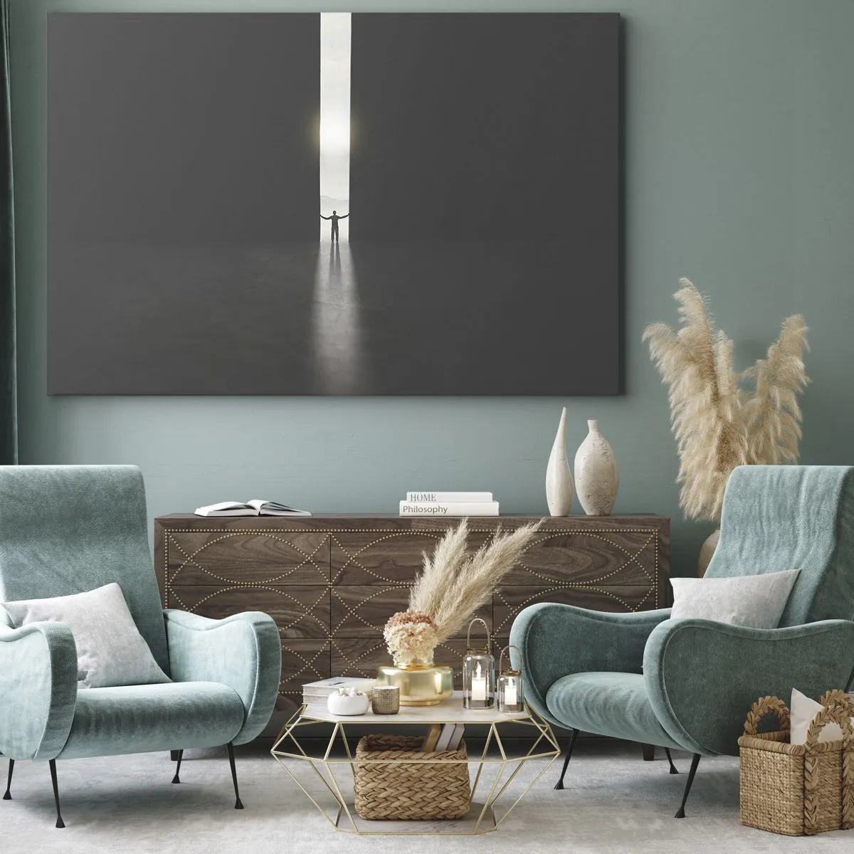 Canvastavla - Bild på duk - En man som står i ljuset av en smal springa i ett mörkt utrymme - 70x50cm - Ett steg mot den ljusa framtiden - Modern väggdekoration för vardagsrum och sovrum ARTTOR