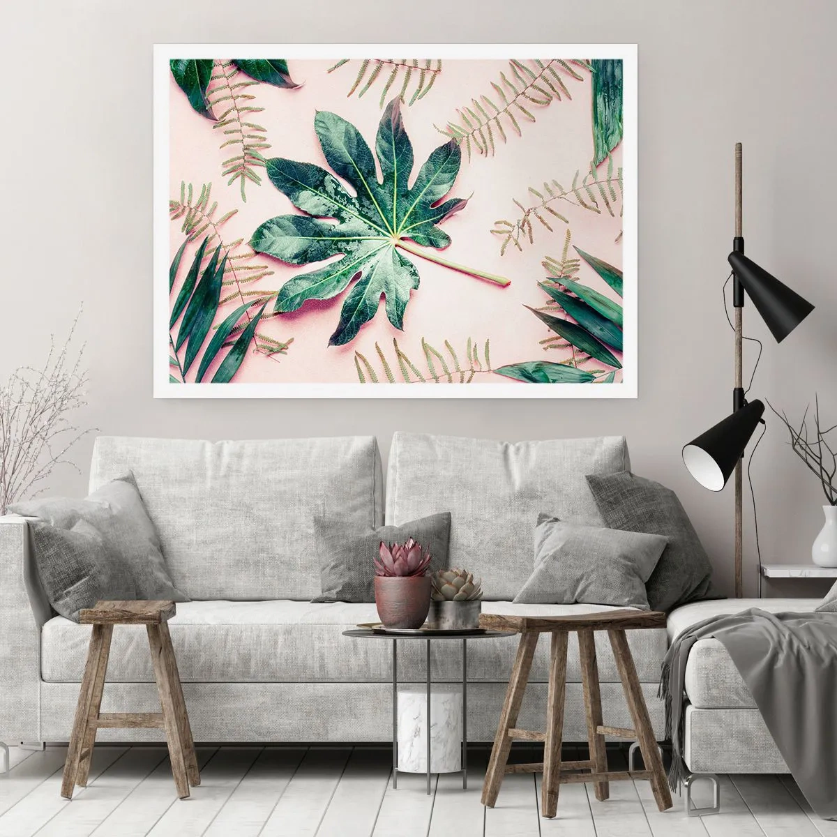 Affisch - Grönskans studie mot rosa bakgrund - 100x70 cm