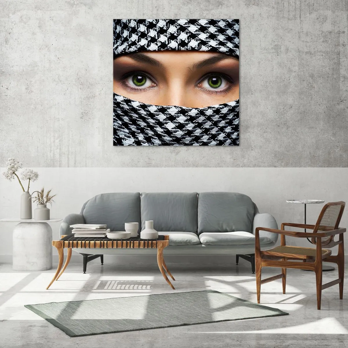 Glastavla - Bild på glas - Beslöjad grönögd skönhet - 70x70 cm