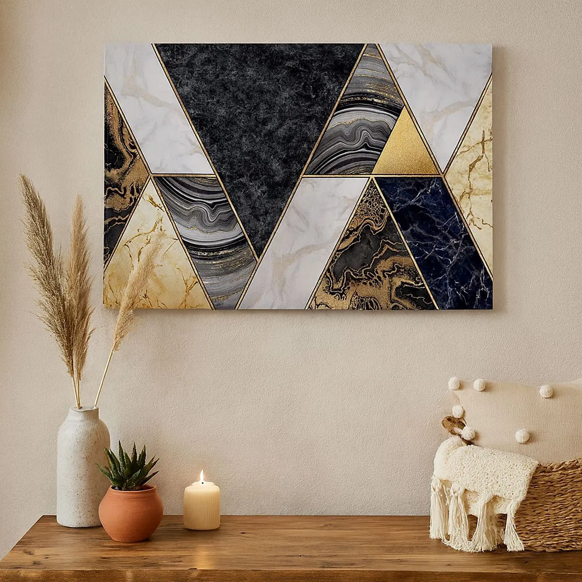 Canvastavla - Bild på duk - Geometriska trianglar i guld, marmor och mörka nyanser - 70x50cm - Sten vid sten - Modern väggdekoration för vardagsrum och sovrum ARTTOR
