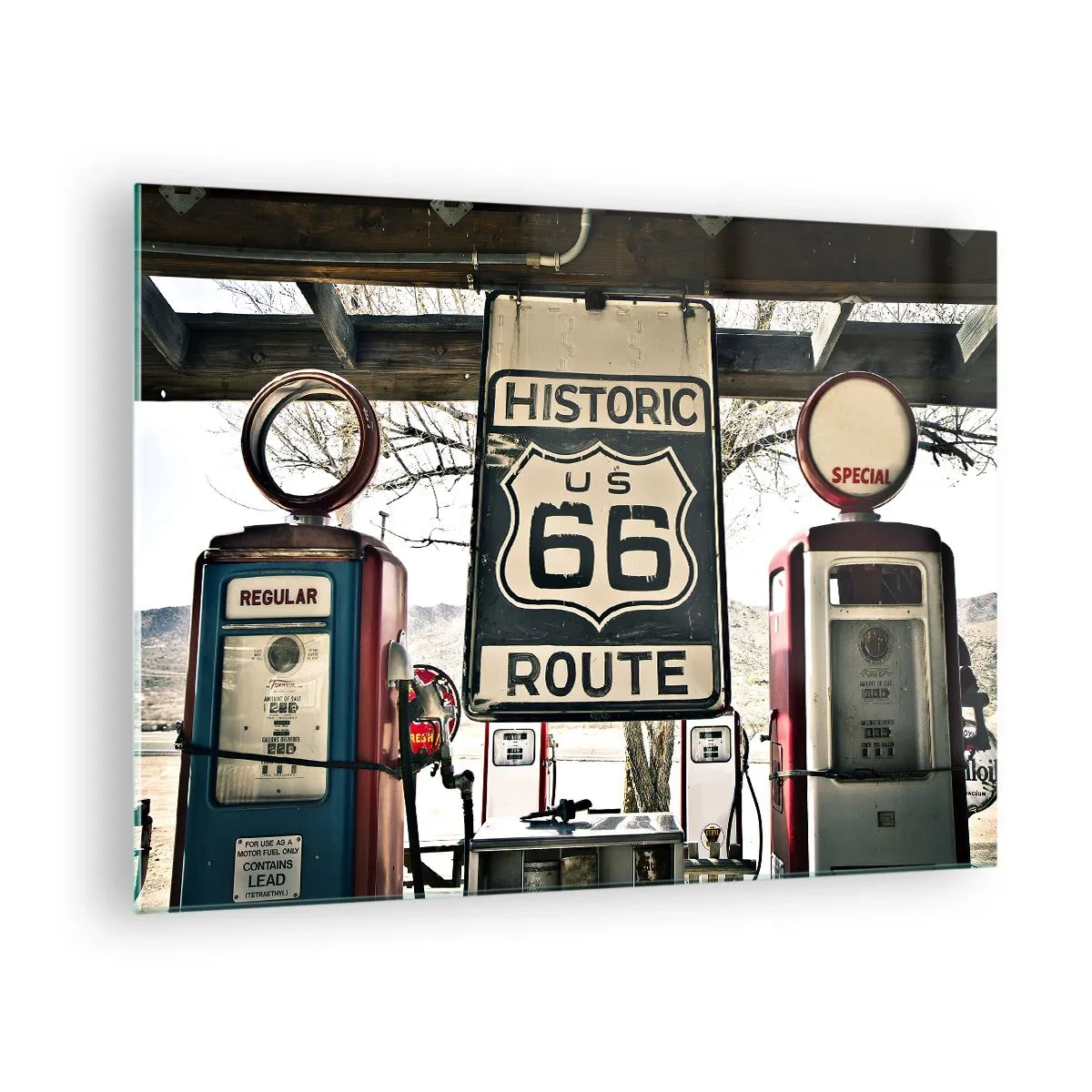 Glastavla - Bild på glas - Vintage bensinpumpar och Route 66-skylt - 70x50cm - Amerikansk retroresa - Modern väggdekoration för vardagsrum och sovrum ARTTOR