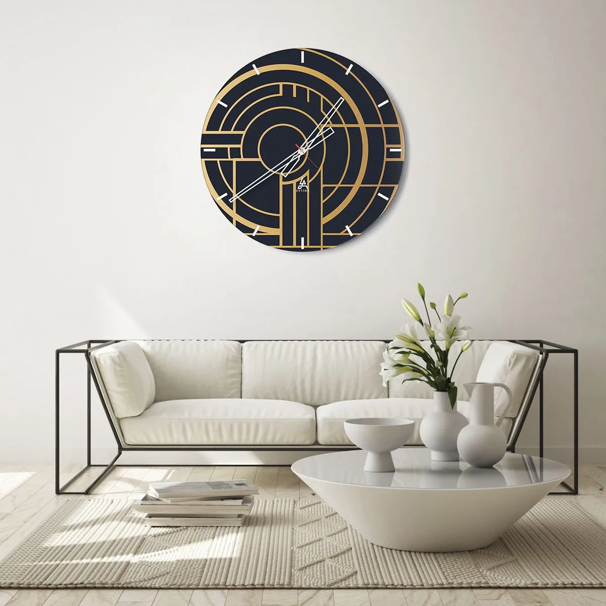 Väggklocka - Klocka på glas - Guld- och svart geometrisk komposition med ett koncentriskt mönster - 30x30cm - Sakernas gång - Modern väggdekoration för vardagsrum, kök och sovrum ARTTOR
