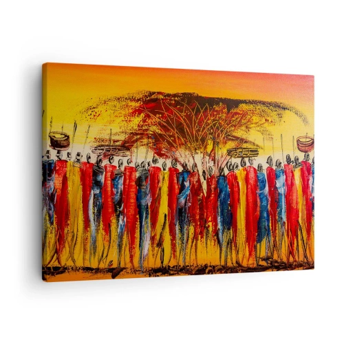 Canvastavla - Bild på duk - En färgglad scen med afrikanska figurer mot bakgrund av den nedgående solen. - 70x50cm - Dit, dit, dit de går - Modern väggdekoration för vardagsrum och sovrum ARTTOR