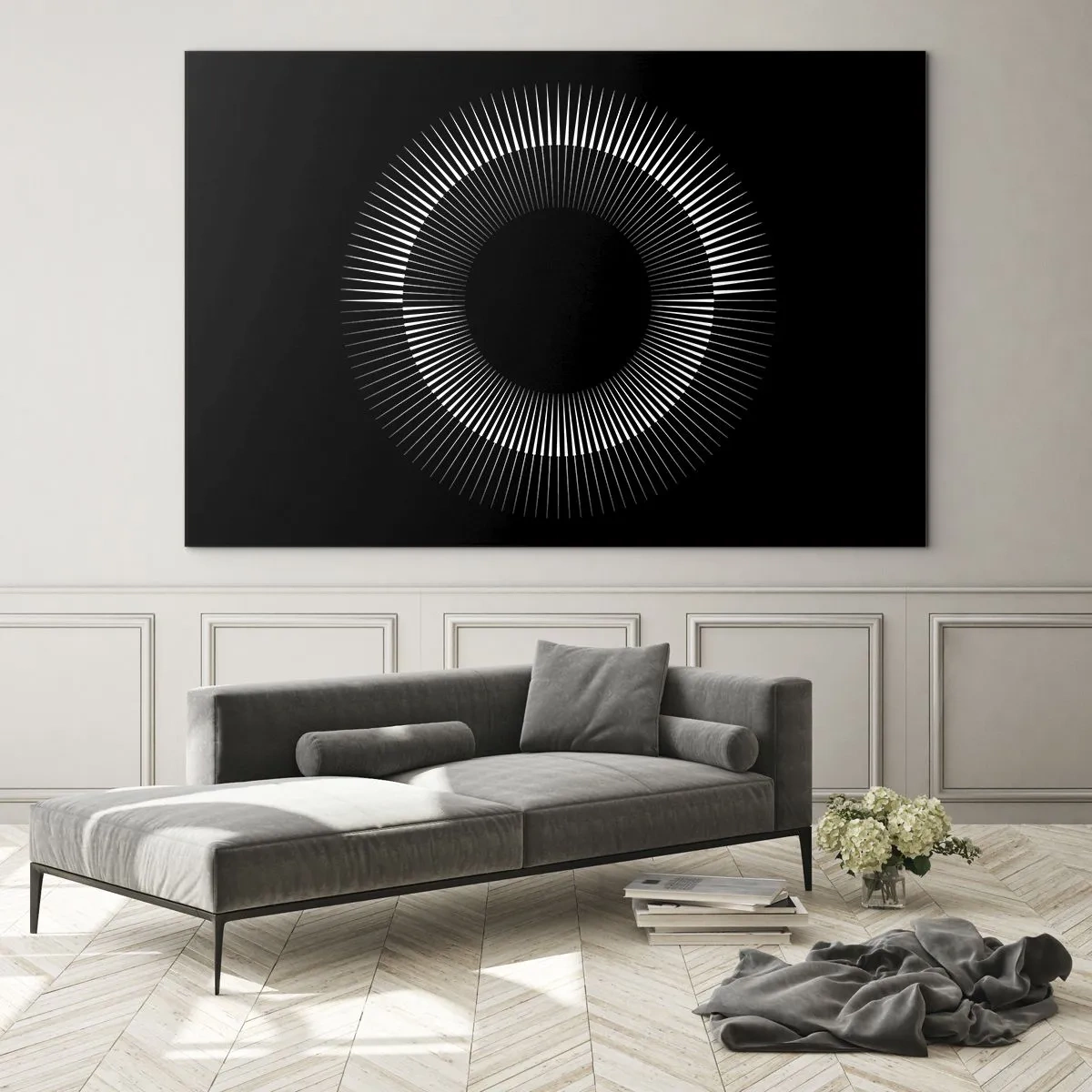 Glastavla - Bild på glas - Vita strålar som bildar en cirkel på en svart bakgrund - 70x50cm - Svart sol - Modern väggdekoration för vardagsrum och sovrum ARTTOR