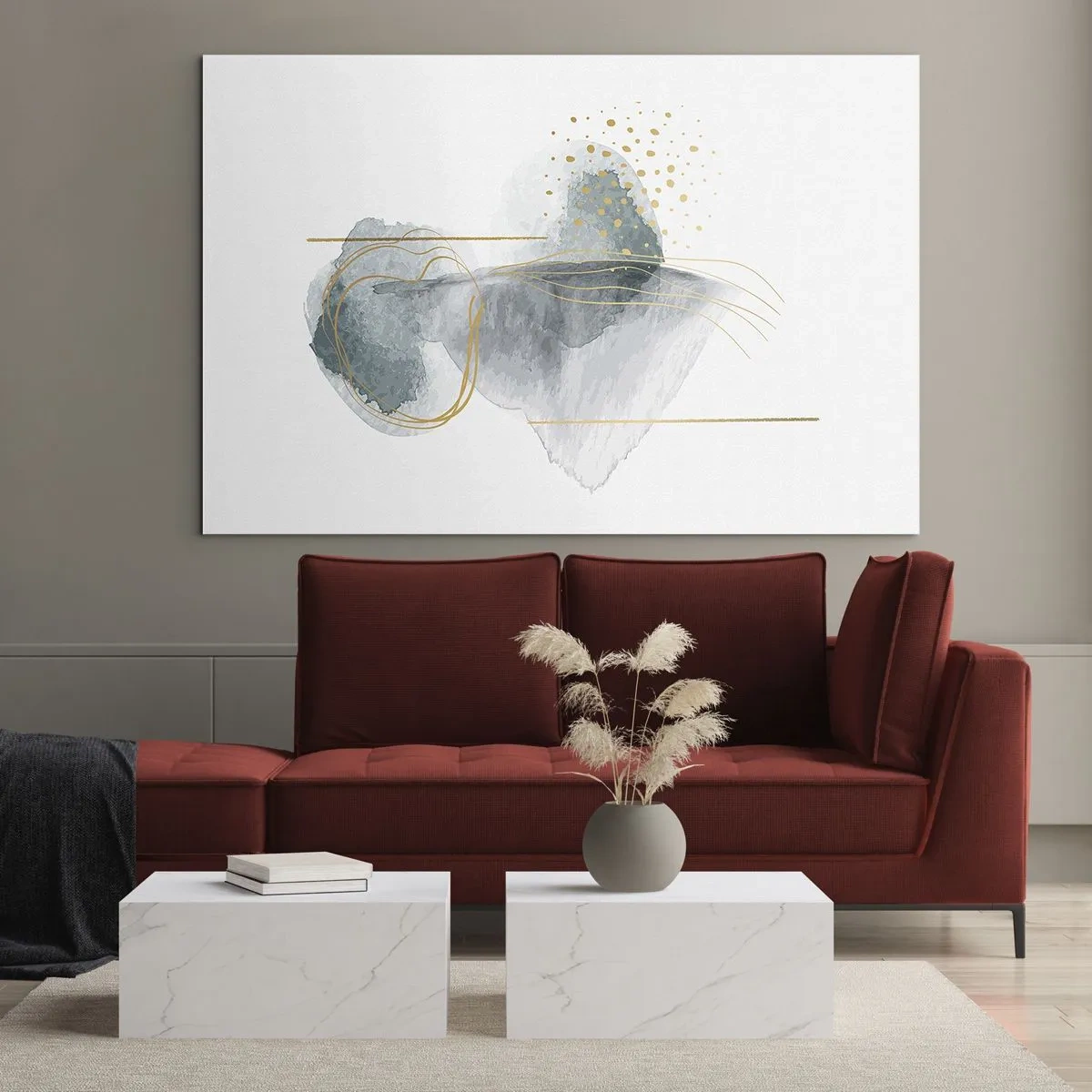 Glastavla - Bild på glas - En abstrakt komposition av grått med guldaccenter - 70x50cm - Om gråhetens och guldets förhållanden - Modern väggdekoration för vardagsrum och sovrum ARTTOR