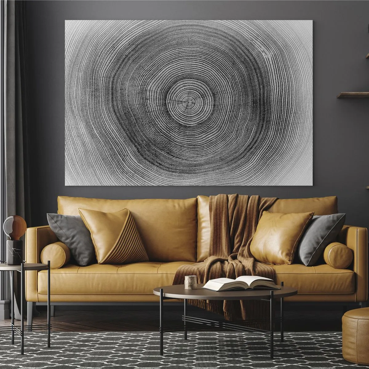 Glastavla - Bild på glas - Koncentriska linjer av trädringar presenterade i en svartvit estetik - 70x50cm - Ett tecken i tiden - Modern väggdekoration för vardagsrum och sovrum ARTTOR