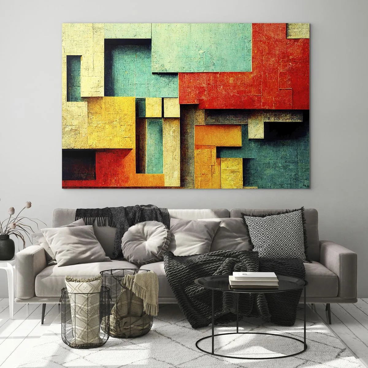 Glastavla - Bild på glas - Färgglad geometrisk abstraktion gjord av rektanglar - 70x50cm - Festival av räta vinklar - Modern väggdekoration för vardagsrum och sovrum ARTTOR