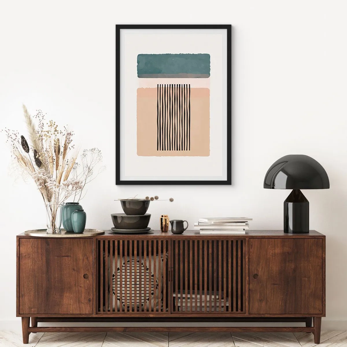 Affisch i svart ram - Abstrakta geometriska figurer i subtila färger - 50x70cm - Allt väl - Modern väggdekoration för vardagsrum och sovrum ARTTOR