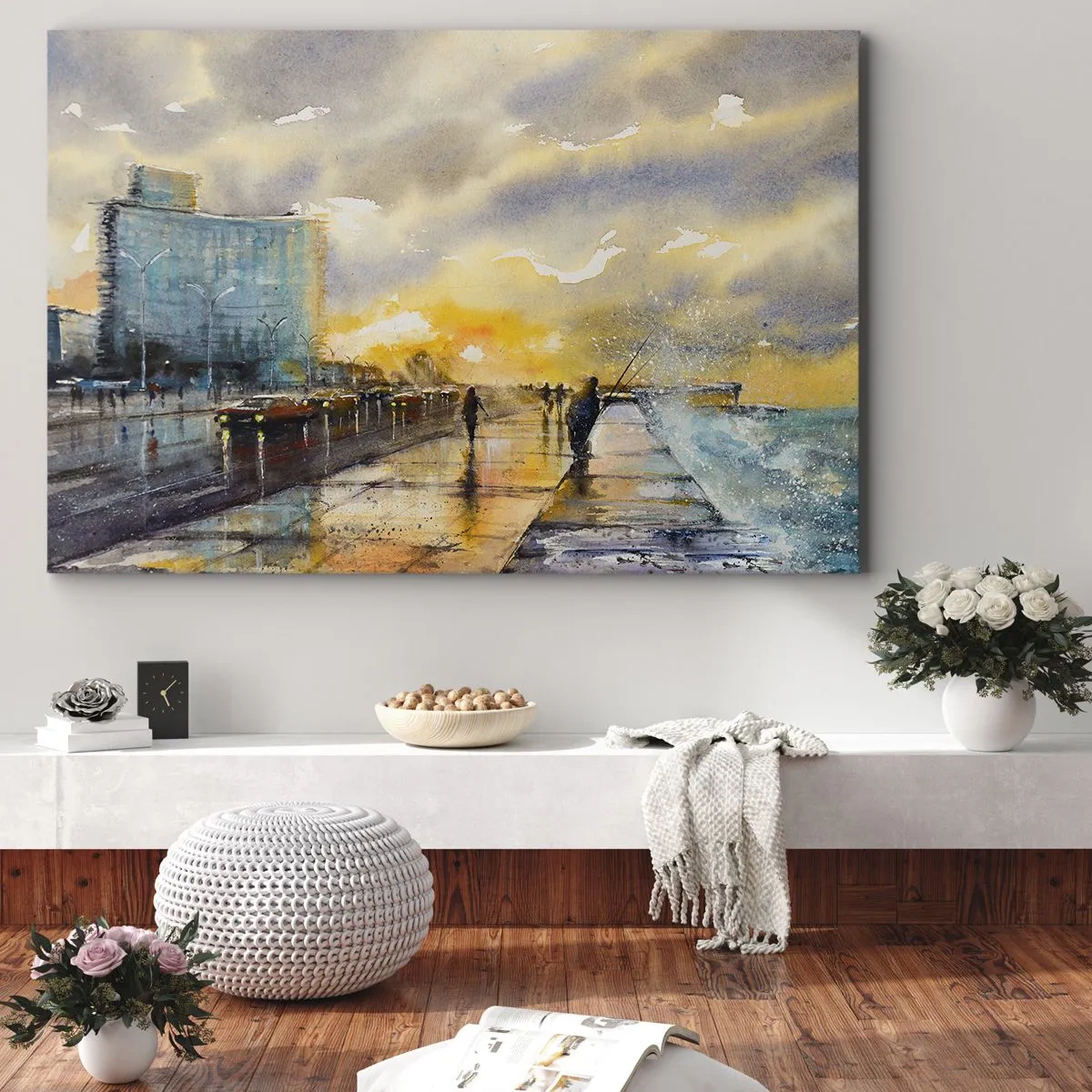 Canvastavla - Bild på duk - En pittoresk utsikt över strandpromenaden vid solnedgången - 70x50cm - Livet på stranden - Modern väggdekoration för vardagsrum och sovrum ARTTOR
