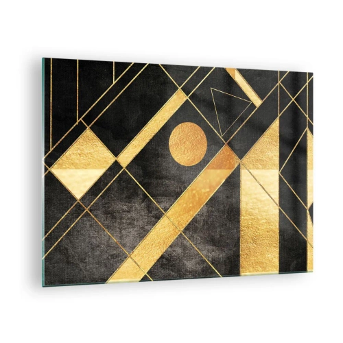 Glastavla - Bild på glas - Gyllene geometriska mönster på svart bakgrund - 70x50cm - Öknens sol - Modern väggdekoration för vardagsrum och sovrum ARTTOR