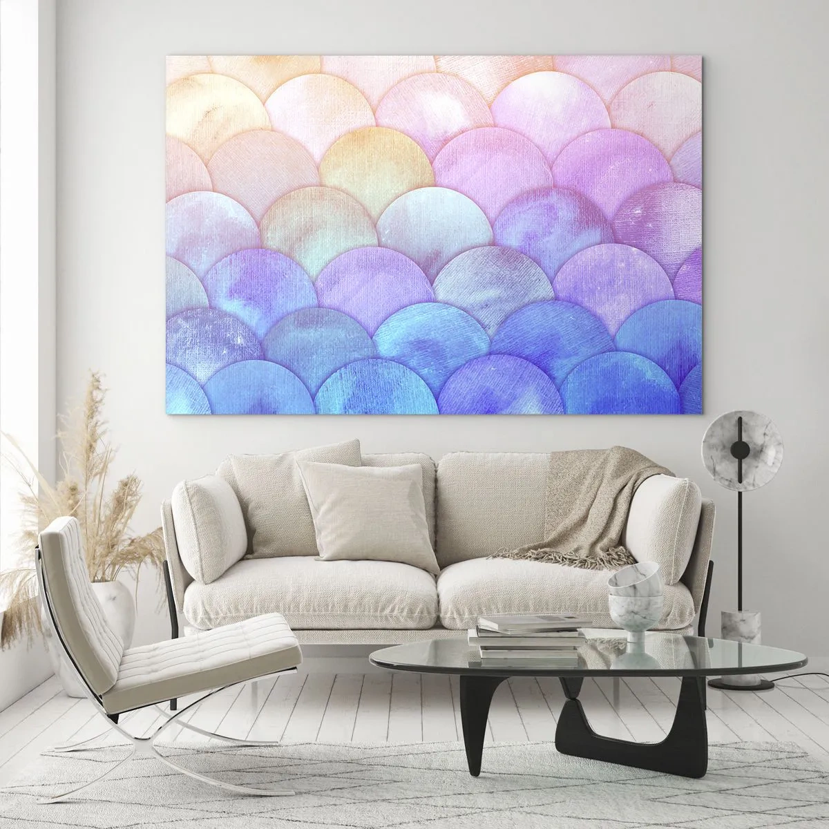 Glastavla - Bild på glas - Pärlfjäll i pastellnyanser av rosa, blått och lila - 70x50cm - Pärlskal - Modern väggdekoration för vardagsrum och sovrum ARTTOR