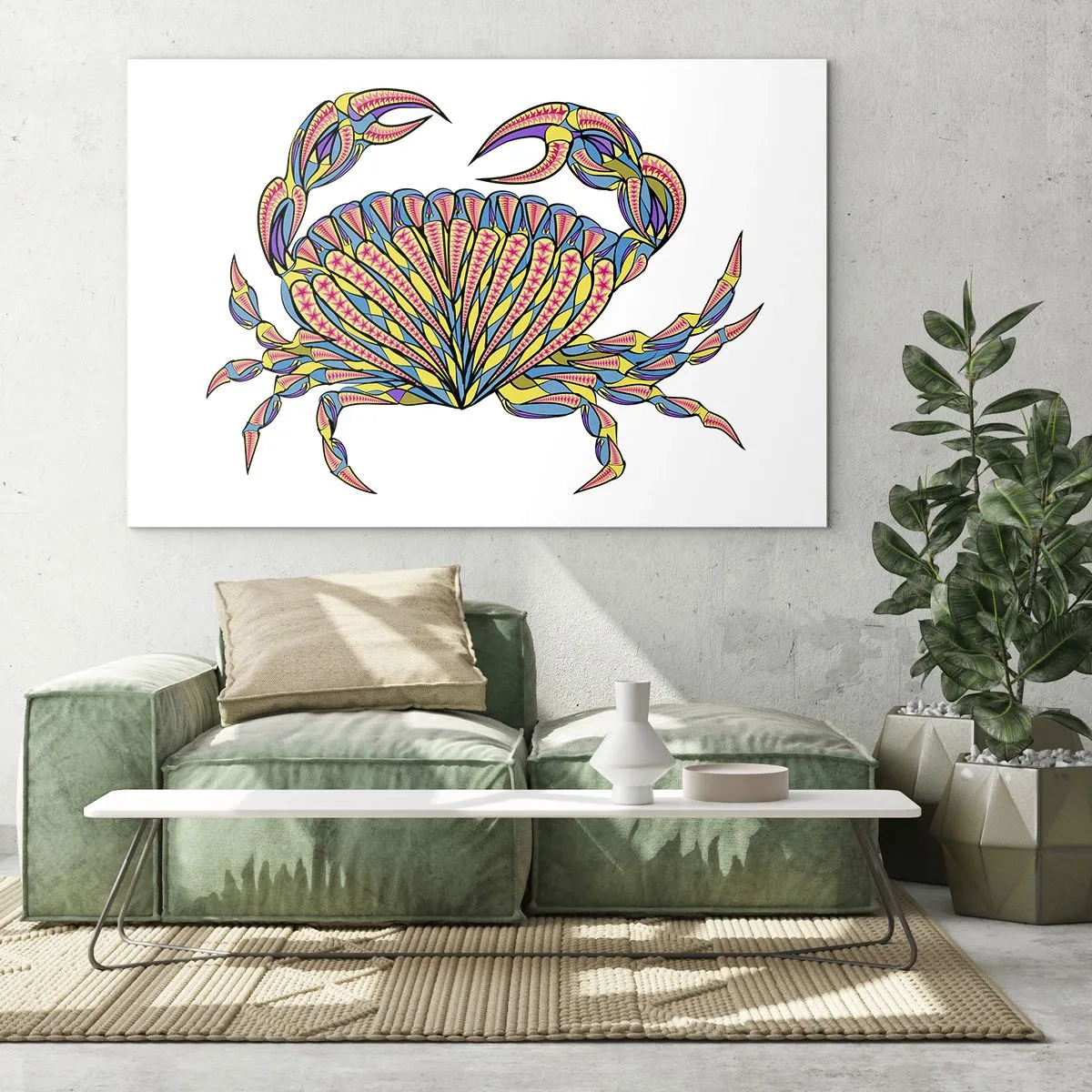 Glastavla - Bild på glas - Illustration av en färgglad krabba i geometrisk stil - 70x50cm - Havssmycken - Modern väggdekoration för vardagsrum och sovrum ARTTOR
