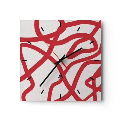 Väggklocka - Klocka på glas - Rött på vitt - 30x30 cm