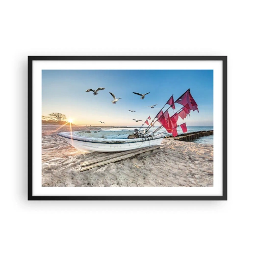 Affisch i svart ram Arttor 70x50 cm - Välförtjänt vila - Havslandskap, Kust, Måsar, Hav, Łódź, Till vardagsrum, Till sovrum, Vit, Brun, Horisontella, P2BAA70x50-4779