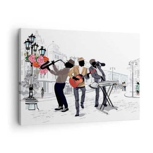 Bild på duk Arttor 70x50 cm - Gatumusik - Musik, Gitarr, Band, Paris, Saxofon, Till vardagsrum, Till sovrum, Vit, Ljusgrå, Horisontella, Duk, AA70x50-2933