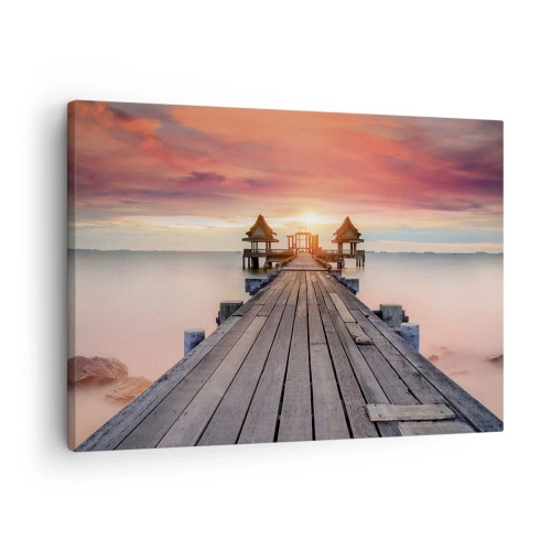 Bild på duk Arttor 70x50 cm - Skymning i öst - Landskap, Träpir, Hav, Solnedgången, Horisont, Till vardagsrum, Till sovrum, Vit, Brun, Horisontella, Duk, AA70x50-4916