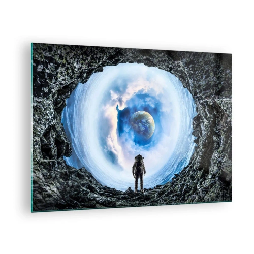 Bild på glas Arttor 70x50 cm - Det är inte långt kvar hem - Abstraktion, Kosmonaut, Kosmos, Planeten Jorden, Universum, Till vardagsrum, Till sovrum, Blå, Svart, Horisontella, Glas, GAA70x50-4025