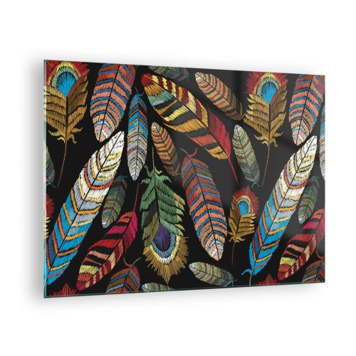 Bild på glas Arttor 70x50 cm - Fågelkarneval - Fågel Fjäder, Påfågel Fjäder, Boho, Konst, Teckning, Till vardagsrum, Till sovrum, Vit, Brun, Horisontella, Glas, GAA70x50-4464