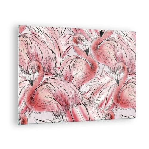 Bild på glas Arttor 70x50 cm - Fåglarnas corps de ballet - Flamingo, Fågel, Grafik, Teckning, Pastell Färger, Till vardagsrum, Till sovrum, Vit, Svart, Horisontella, Glas, GAA70x50-5070