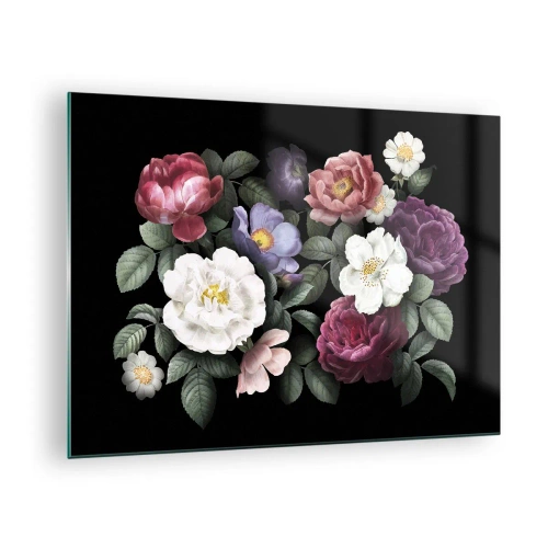 Bild på glas Arttor 70x50 cm - Från en engelsk trädgård - Blommor, Blombukett, Blomma Sammansättning, Florists, Målning, Till vardagsrum, Till sovrum, Vit, Svart, Horisontella, Glas, GAA70x50-5032