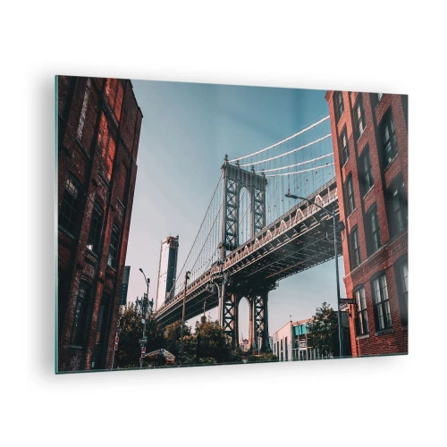 Bild på glas Arttor 70x50 cm - Över stadens vågor - New York, Brooklyn Bridge, Arkitektur, Stad, Resor, Till vardagsrum, Till sovrum, Vit, Brun, Horisontella, Glas, GAA70x50-4675