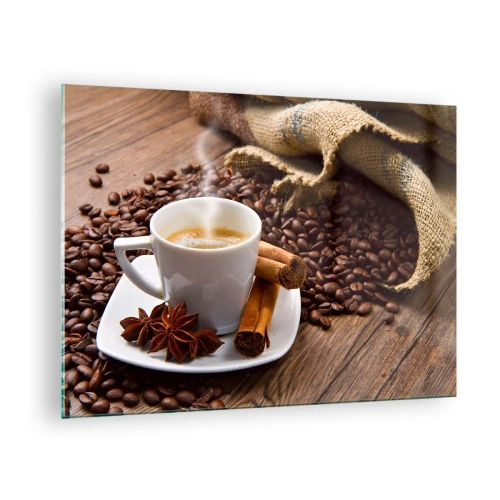Bild på glas Arttor 70x50 cm - Rotsmak och -arom - Gastronomi, Kaffe, Kanel, Kopp Kaffe, Anis, Till vardagsrum, Till sovrum, Brun, Orange, Horisontella, Glas, GAA70x50-2152