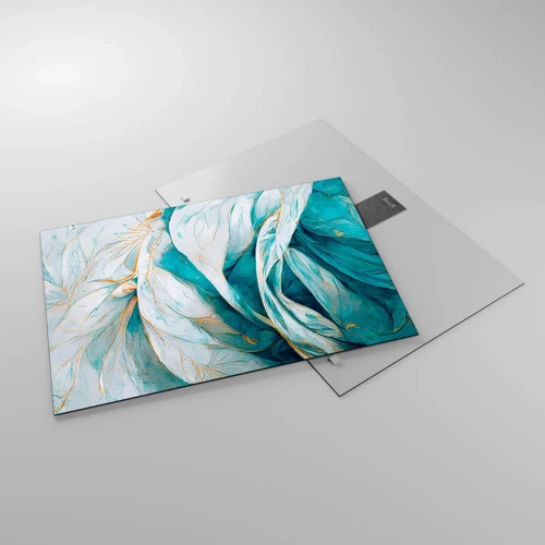 Glastavla - Bild på glas - Blå abstraktion med guldmotiv - 70x50 cm