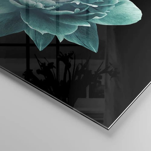 Glastavla - Bild på glas - Blå och gyllene kronblad - 70x50 cm