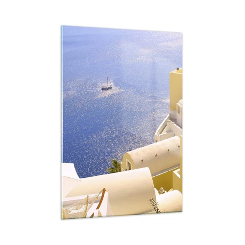 Glastavla - Bild på glas - Grekiskt landskap i vit och blå - 50x70 cm