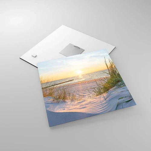 Glastavla - Bild på glas - Havets brus, fågelsång, tom strand bland träden - 30x30 cm