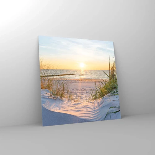 Glastavla - Bild på glas - Havets brus, fågelsång, tom strand bland träden - 40x40 cm