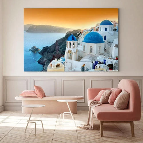 Glastavla - Bild på glas - Santorini - inbäddat i berg - 70x50 cm