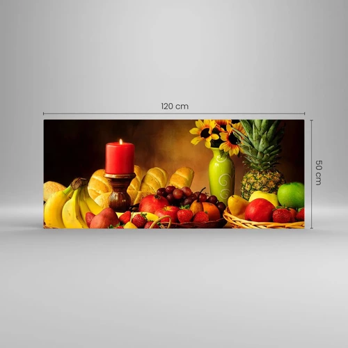 Glastavla - Bild på glas - Stilleben med bröd och frukt - 120x50 cm