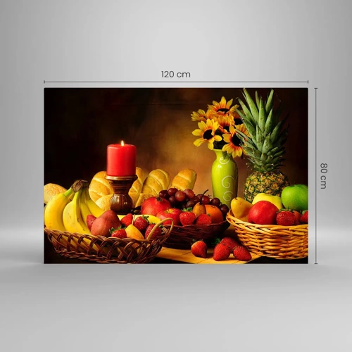 Glastavla - Bild på glas - Stilleben med bröd och frukt - 120x80 cm