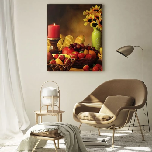 Glastavla - Bild på glas - Stilleben med bröd och frukt - 50x70 cm