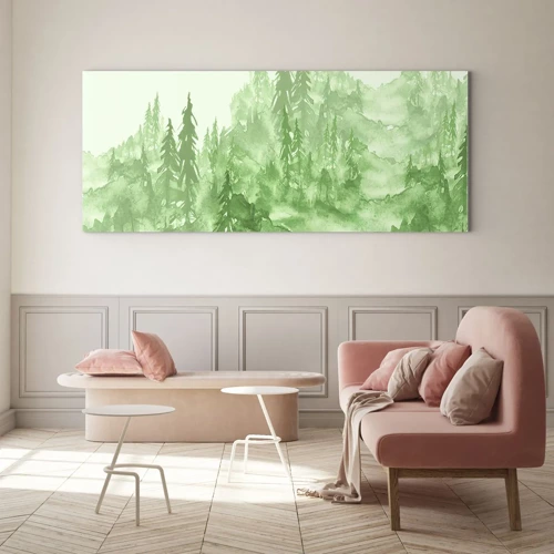 Glastavla - Bild på glas - Suddig i grön dimma - 100x40 cm