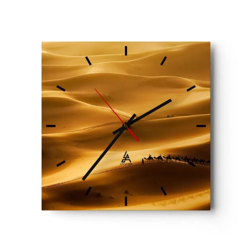 Väggklocka, Klocka Arttor 30x30 cm - En karavan på öknens vågor - Landskap, Afrika, Öken, Sahara, Kameler, Kvadrat, Urtavla sträck, Till vardagsrum, Till sovrum, Brun, Orange, C3AC30x30-0338