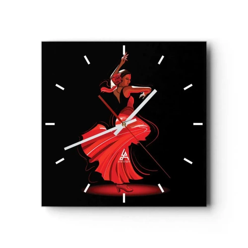 Väggklocka, Klocka Arttor 30x30 cm - Flamencos brinnande anda - Dansare, Flamenco, Dansa, Konst, Mode, Kvadrat, Urtavla sträck, Till vardagsrum, Svart, Röd, C3AC30x30-4121